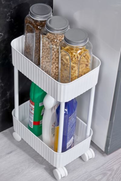 Okyanus Home 2 Katlı Tekerlekli Banyo-Mutfak Düzenleyici Pratik Raf Beyaz