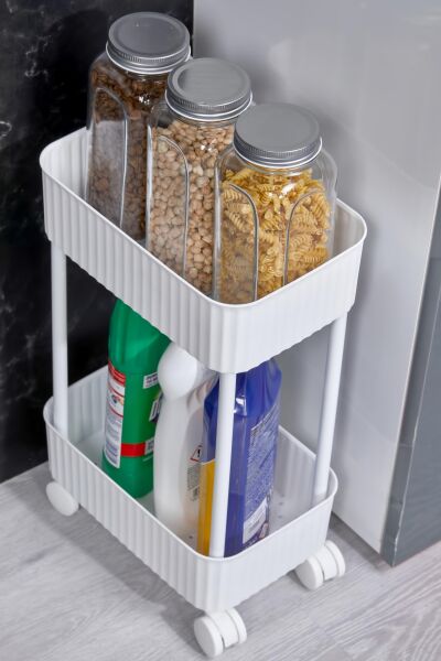 Okyanus Home 2 Katlı Tekerlekli Banyo-Mutfak Düzenleyici Pratik Raf Beyaz