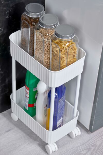 Okyanus Home 2 Katlı Tekerlekli Banyo-Mutfak Düzenleyici Pratik Raf Beyaz