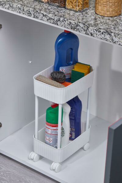 Okyanus Home 2 Katlı Tekerlekli Banyo-Mutfak Düzenleyici Pratik Raf Beyaz