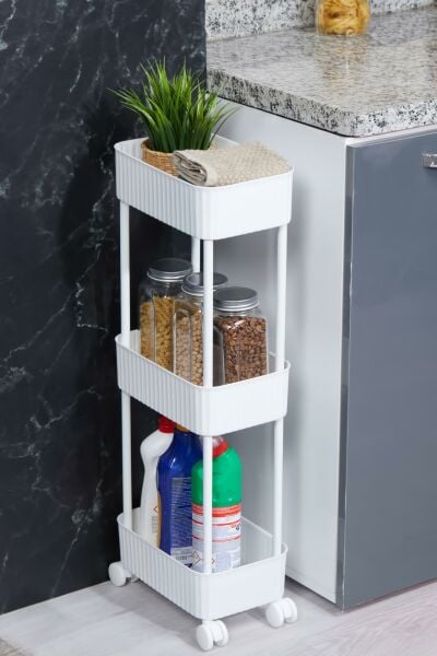 Okyanus Home 3 Katlı Tekerlekli Banyo-Mutfak Düzenleyici Pratik Raf Beyaz