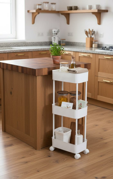 Okyanus Home 3 Katlı Tekerlekli Banyo-Mutfak Düzenleyici Pratik Raf Beyaz
