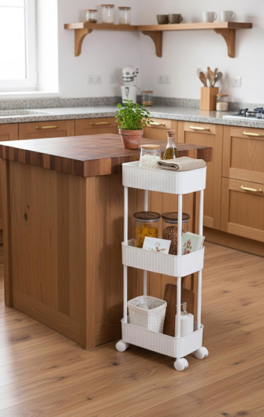 Okyanus Home 3 Katlı Tekerlekli Banyo-Mutfak Düzenleyici Pratik Raf Beyaz
