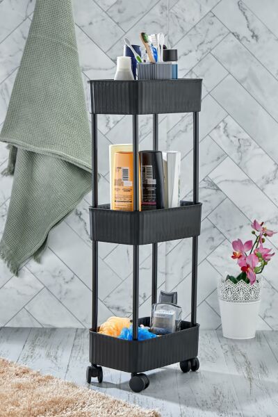 Okyanus Home 3 Katlı Tekerlekli Banyo-Mutfak Düzenleyici Pratik Raf Siyah