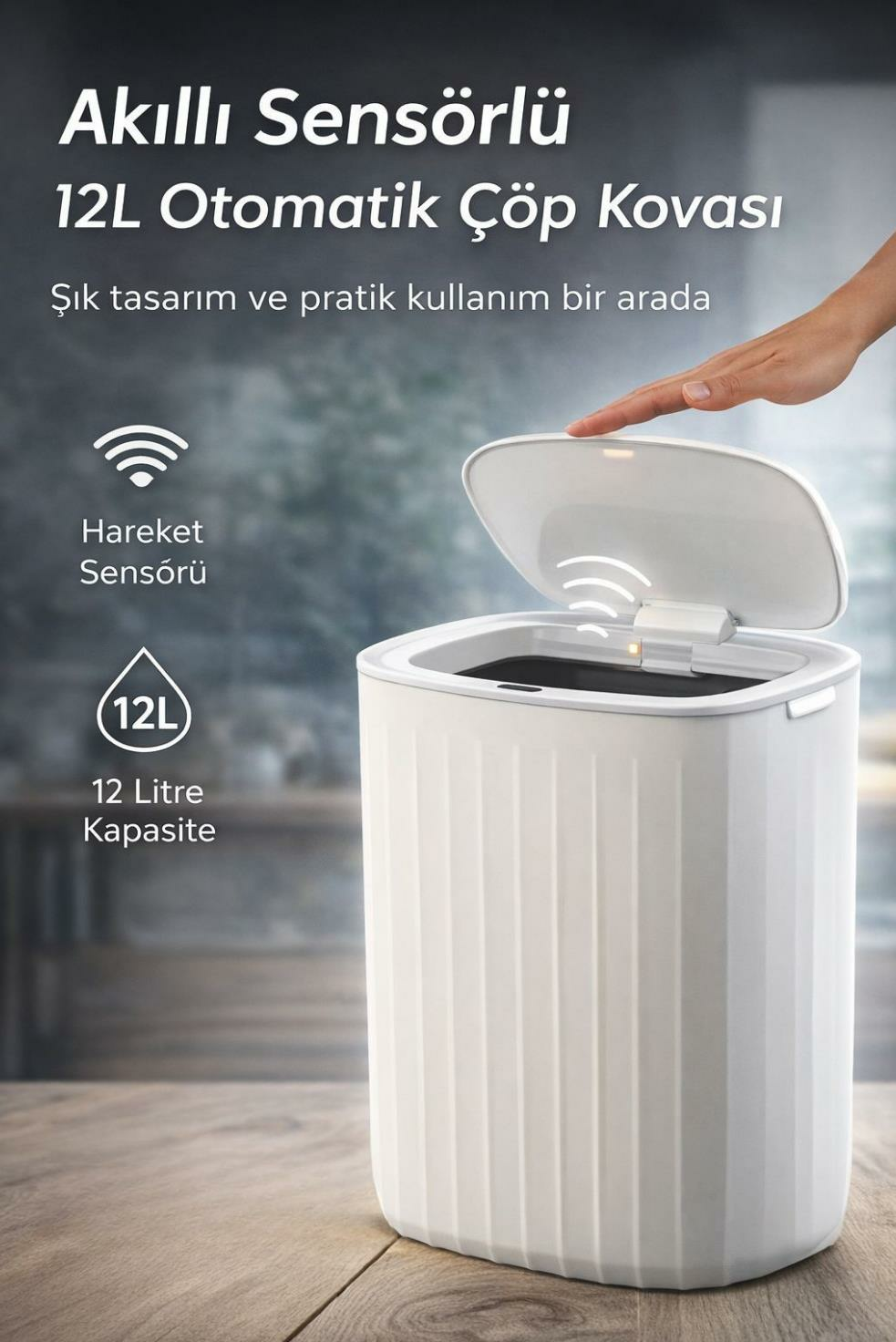Okyanus Home Hareket Sensörlü 12lt Kırık Beyaz Çöp Kovası