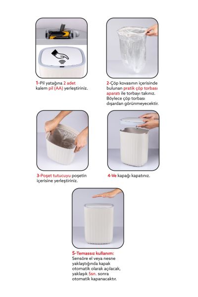 Okyanus Home Hareket Sensörlü 12lt Kırık Beyaz Çöp Kovası