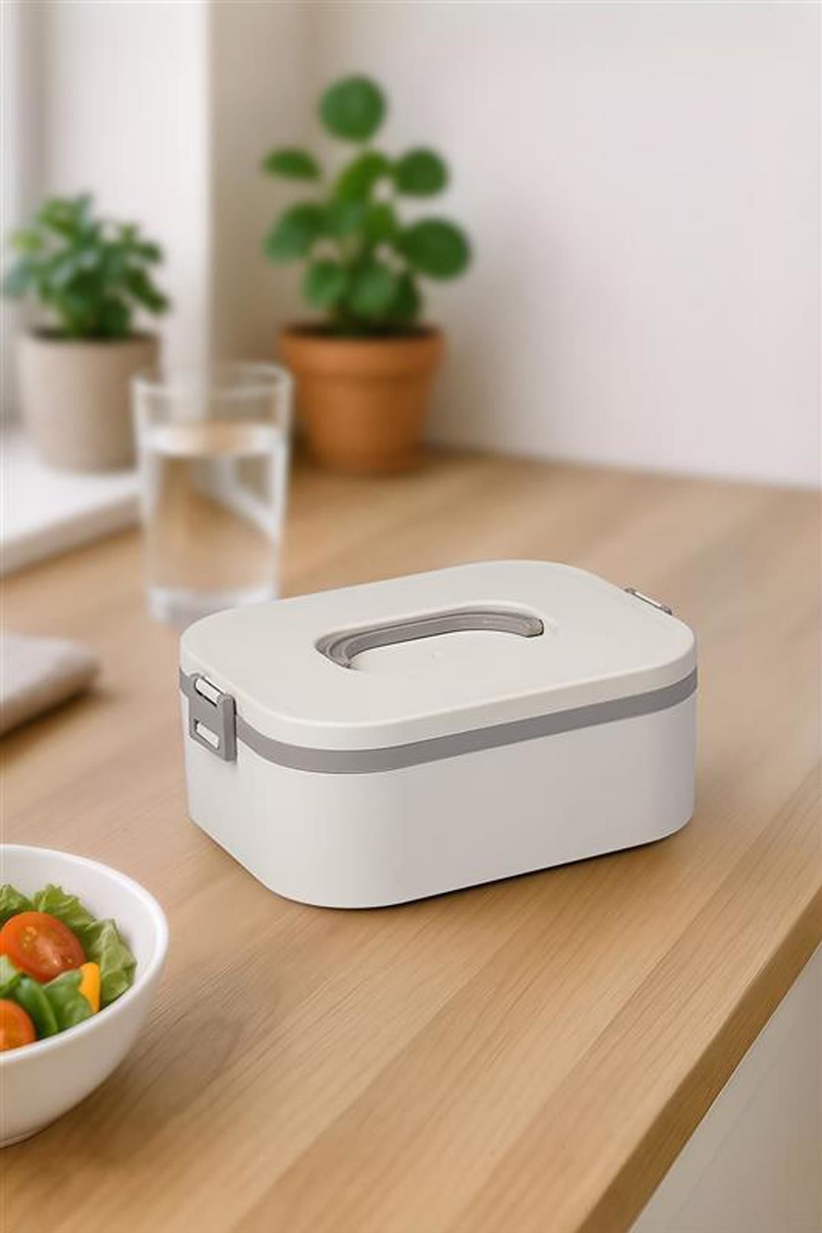 Okyanus Home Paslanmaz Çelik Hazneli Lunch Box Tek Katlı Kendinden Çatal Kaşıklı Beslenme Kutusu Bej