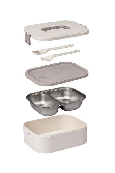 Okyanus Home Paslanmaz Çelik Hazneli Lunch Box Tek Katlı Kendinden Çatal Kaşıklı Beslenme Kutusu Bej