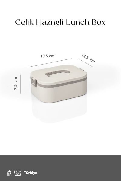 Okyanus Home Paslanmaz Çelik Hazneli Lunch Box Tek Katlı Kendinden Çatal Kaşıklı Beslenme Kutusu Bej