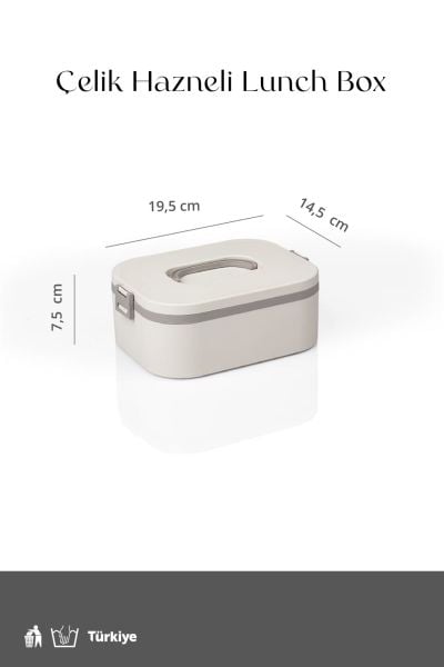 Okyanus Home Paslanmaz Çelik Hazneli Lunch Box Tek Katlı Kendinden Çatal Kaşıklı Beslenme Kutusu Bej