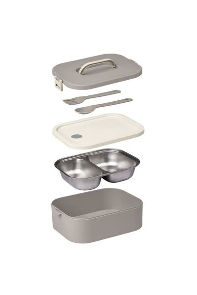 Okyanus Home Paslanmaz Çelik Hazneli Lunch Box Tek Katlı Kendinden Çatal Kaşıklı Beslenme Kutusu Vizon