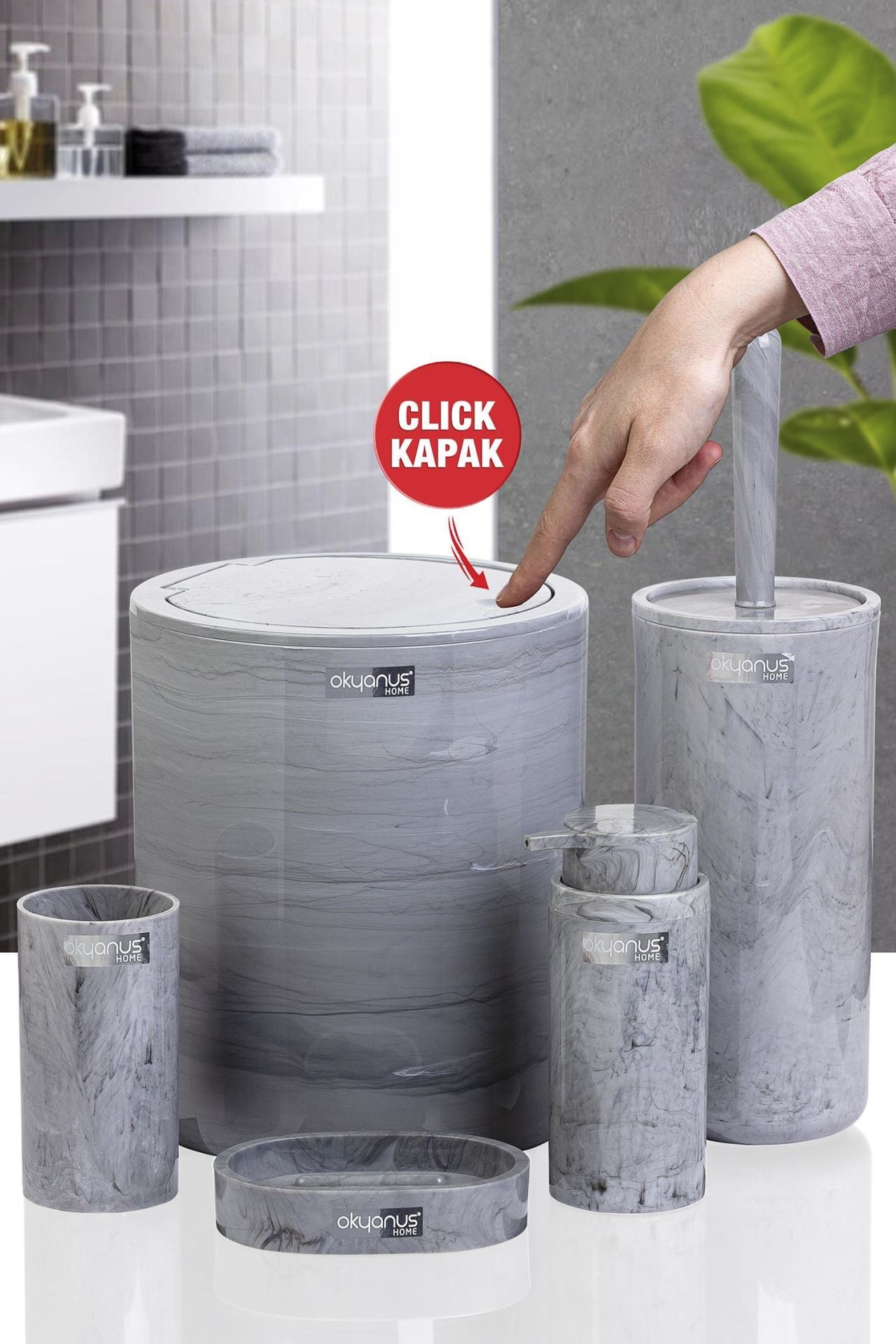 Okyanus Home Yuvarlak Mermer Desenli 5'li Banyo Seti