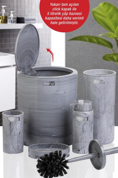 Okyanus Home Yuvarlak Mermer Desenli 5'li Banyo Seti