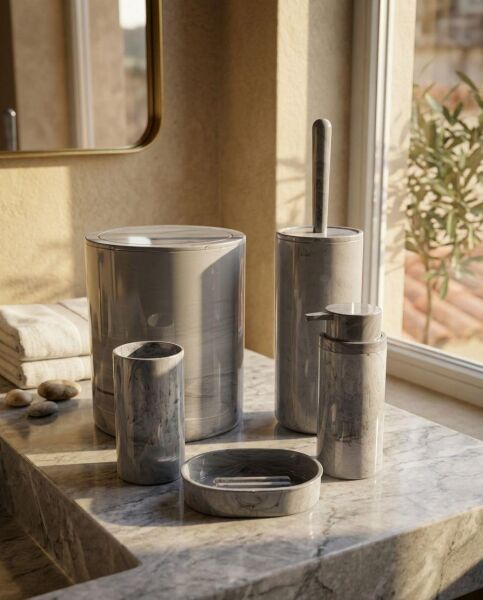 Okyanus Home Yuvarlak Mermer Desenli 5'li Banyo Seti