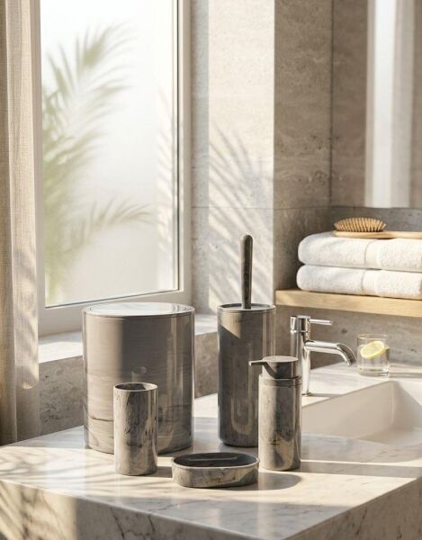 Okyanus Home Yuvarlak Mermer Desenli 5'li Banyo Seti