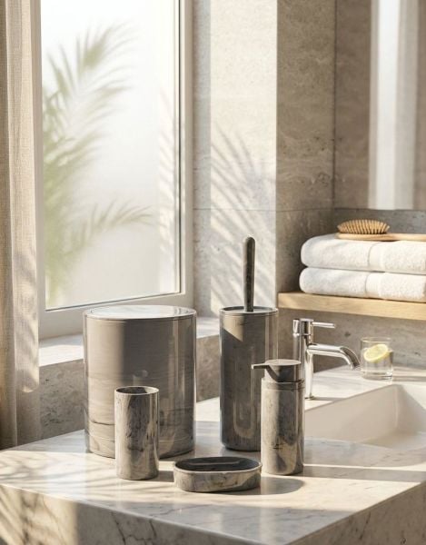 Okyanus Home Yuvarlak Mermer Desenli 5'li Banyo Seti