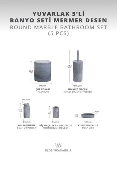 Okyanus Home Yuvarlak Mermer Desenli 5'li Banyo Seti