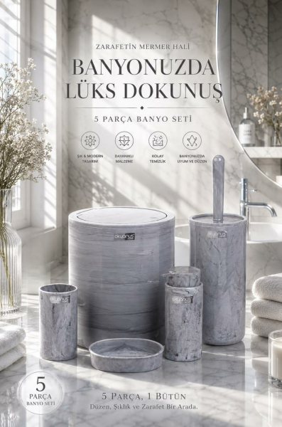 Okyanus Home Yuvarlak Mermer Desenli 5'li Banyo Seti