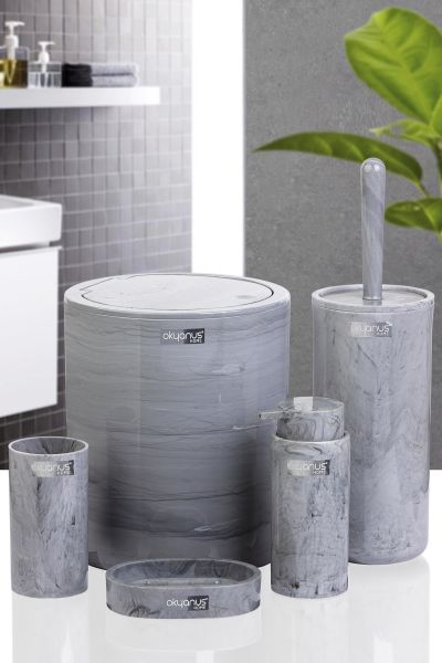 Okyanus Home Yuvarlak Mermer Desenli 5'li Banyo Seti
