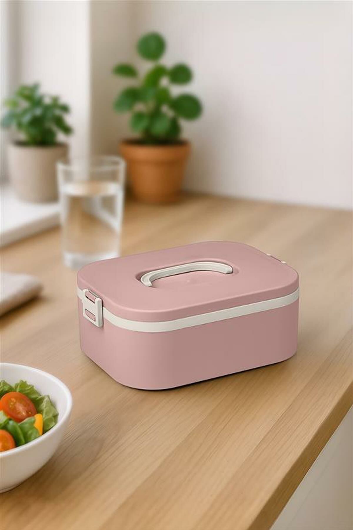 Okyanus Home Paslanmaz Çelik Hazneli Lunch Box Tek Katlı Kendinden Çatal Kaşıklı Beslenme Kutusu Pembe