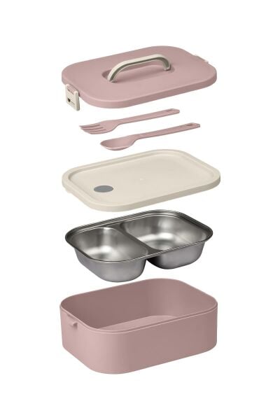 Okyanus Home Paslanmaz Çelik Hazneli Lunch Box Tek Katlı Kendinden Çatal Kaşıklı Beslenme Kutusu Pembe
