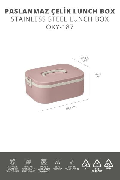 Okyanus Home Paslanmaz Çelik Hazneli Lunch Box Tek Katlı Kendinden Çatal Kaşıklı Beslenme Kutusu Pembe