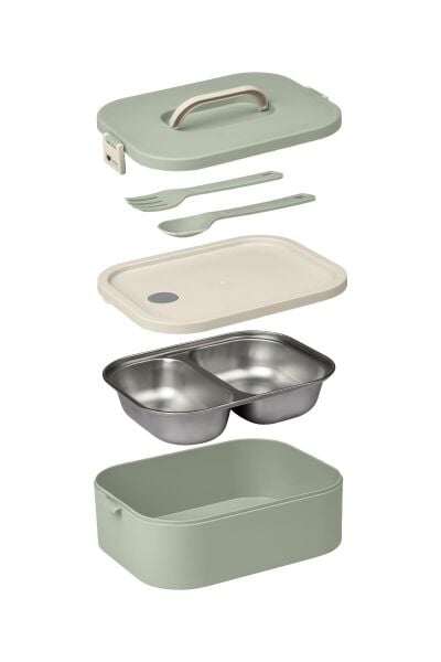 Okyanus Home Paslanmaz Çelik Hazneli Lunch Box Tek Katlı Kendinden Çatal Kaşıklı Beslenme Kutusu Yeşil
