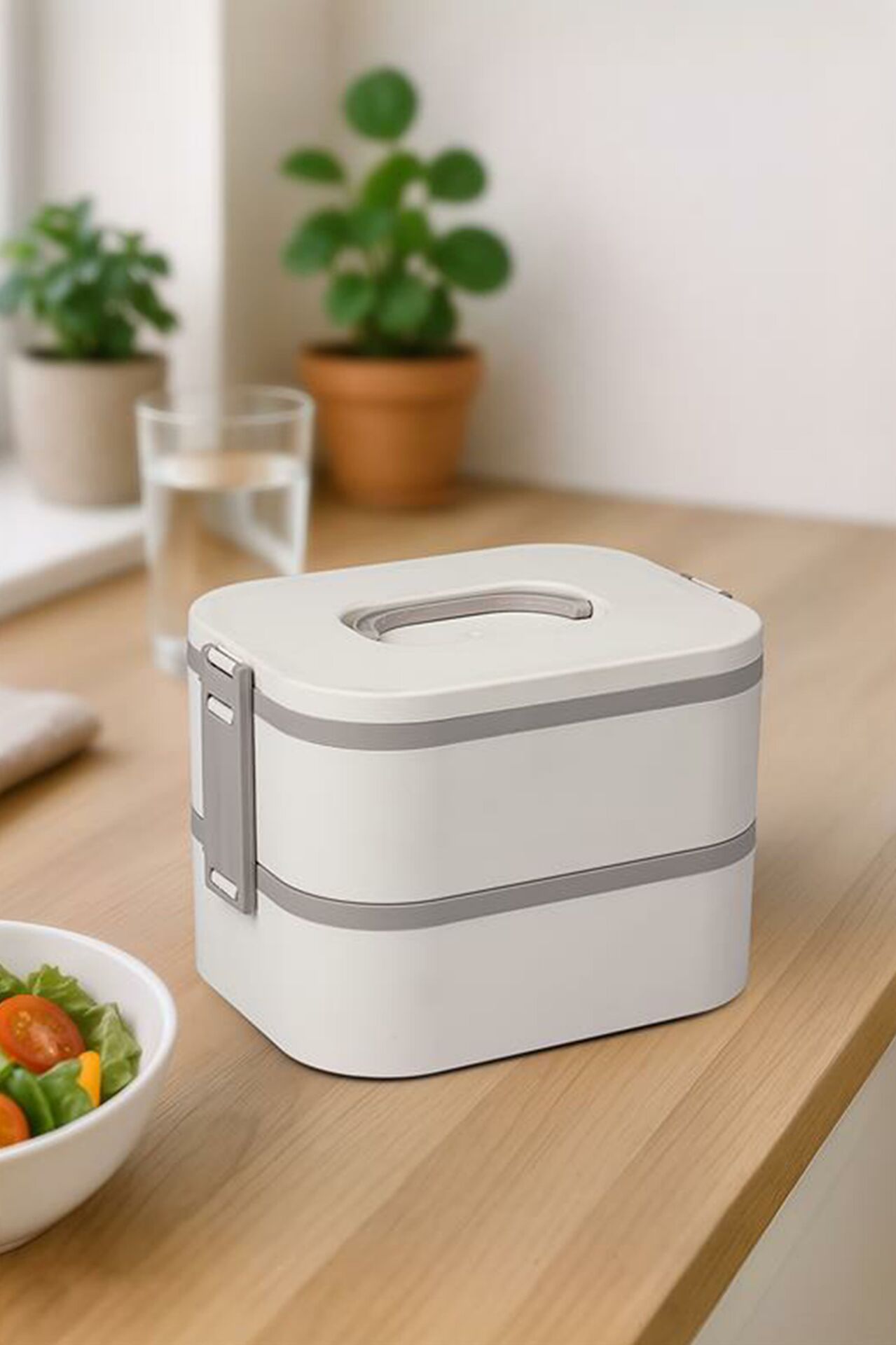 Okyanus Home Paslanmaz Çelik Hazneli Lunch Box 2 Katlı Kendinden Çatal Kaşıklı Beslenme Kutusu Bej
