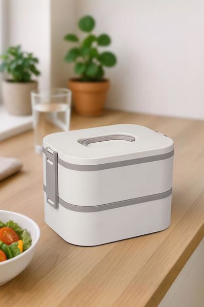 Okyanus Home Paslanmaz Çelik Hazneli Lunch Box 2 Katlı Kendinden Çatal Kaşıklı Beslenme Kutusu Bej