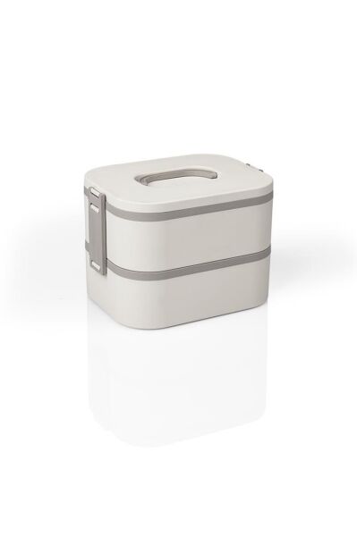 Okyanus Home Paslanmaz Çelik Hazneli Lunch Box 2 Katlı Kendinden Çatal Kaşıklı Beslenme Kutusu Bej
