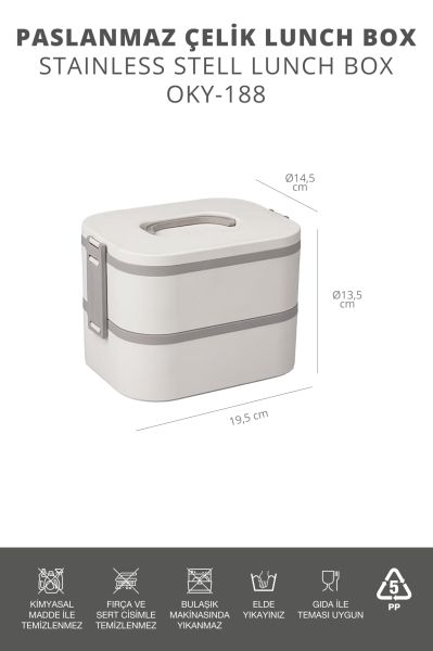 Okyanus Home Paslanmaz Çelik Hazneli Lunch Box 2 Katlı Kendinden Çatal Kaşıklı Beslenme Kutusu Bej