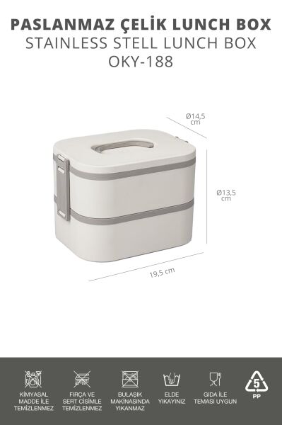 Okyanus Home Paslanmaz Çelik Hazneli Lunch Box 2 Katlı Kendinden Çatal Kaşıklı Beslenme Kutusu Bej