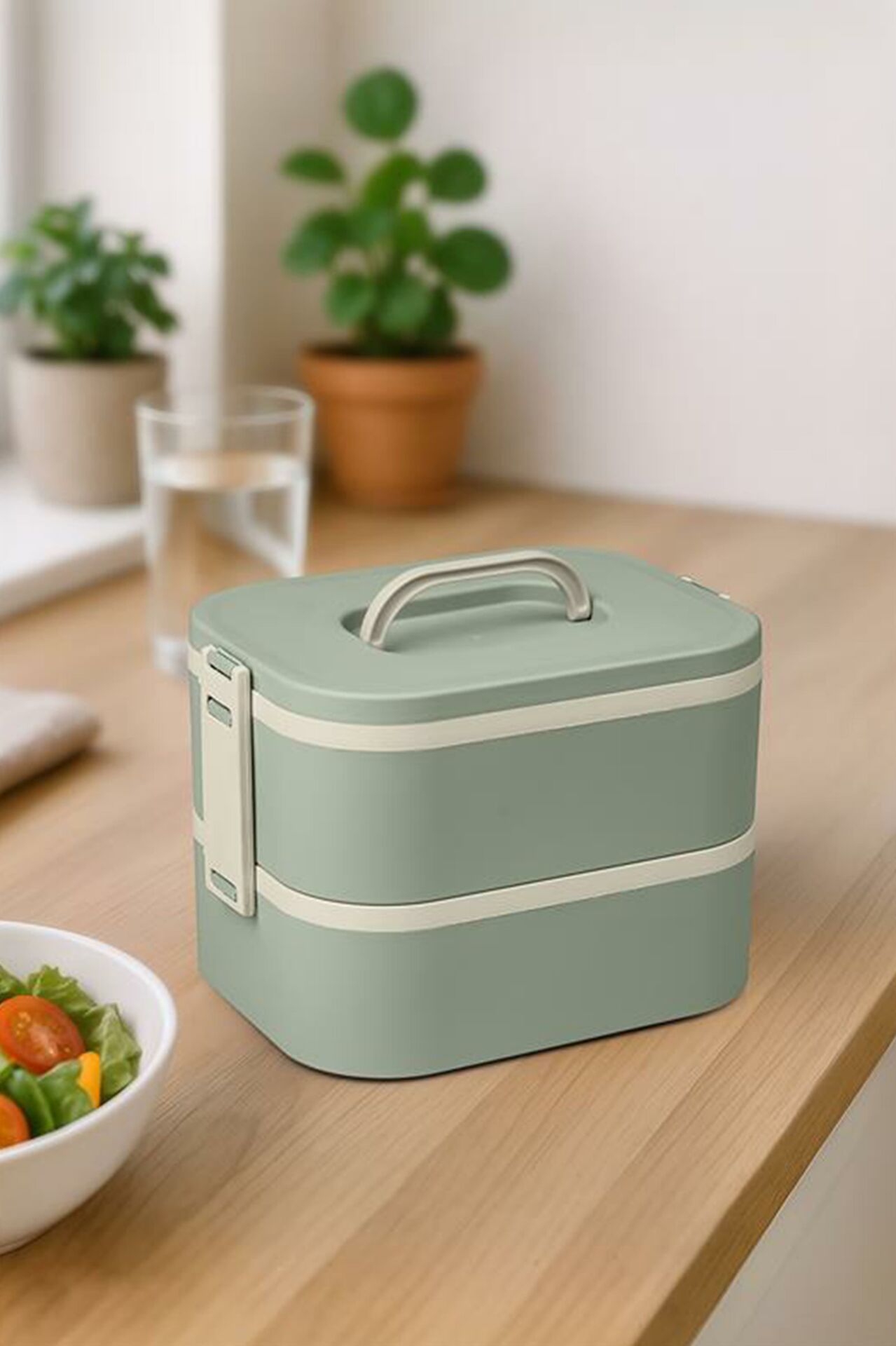 Okyanus Home Paslanmaz Çelik Hazneli Lunch Box 2 Katlı Kendinden Çatal Kaşıklı Beslenme Kutusu Yeşil
