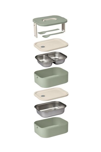Okyanus Home Paslanmaz Çelik Hazneli Lunch Box 2 Katlı Kendinden Çatal Kaşıklı Beslenme Kutusu Yeşil