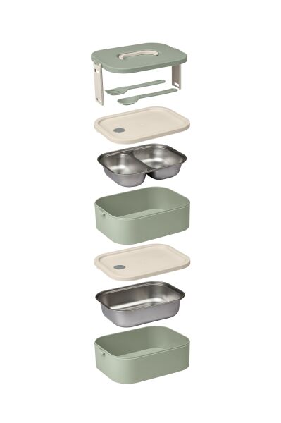 Okyanus Home Paslanmaz Çelik Hazneli Lunch Box 2 Katlı Kendinden Çatal Kaşıklı Beslenme Kutusu Yeşil