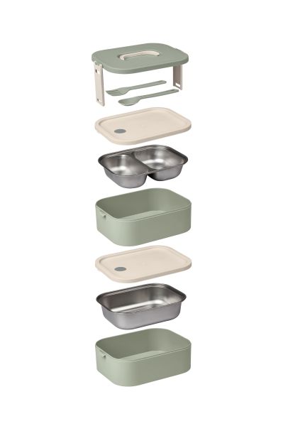 Okyanus Home Paslanmaz Çelik Hazneli Lunch Box 2 Katlı Kendinden Çatal Kaşıklı Beslenme Kutusu Yeşil