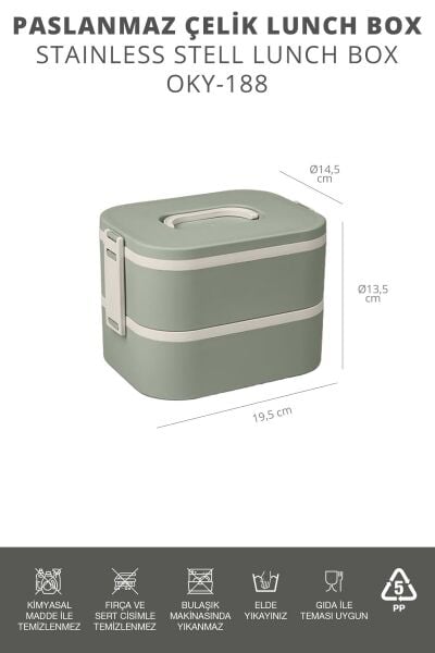 Okyanus Home Paslanmaz Çelik Hazneli Lunch Box 2 Katlı Kendinden Çatal Kaşıklı Beslenme Kutusu Yeşil