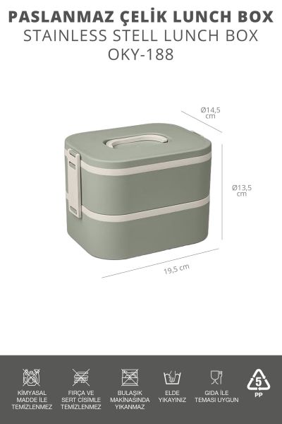 Okyanus Home Paslanmaz Çelik Hazneli Lunch Box 2 Katlı Kendinden Çatal Kaşıklı Beslenme Kutusu Yeşil