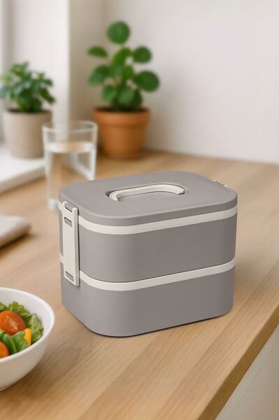 Okyanus Home Paslanmaz Çelik Hazneli Lunch Box 2 Katlı Kendinden Çatal Kaşıklı Beslenme Kutusu Vizon