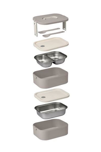 Okyanus Home Paslanmaz Çelik Hazneli Lunch Box 2 Katlı Kendinden Çatal Kaşıklı Beslenme Kutusu Vizon