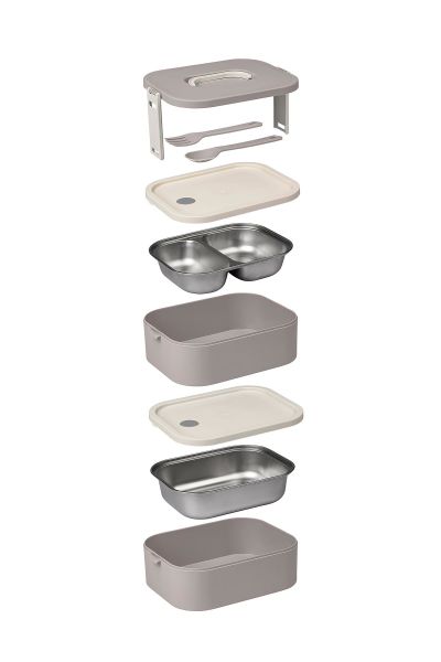 Okyanus Home Paslanmaz Çelik Hazneli Lunch Box 2 Katlı Kendinden Çatal Kaşıklı Beslenme Kutusu Vizon