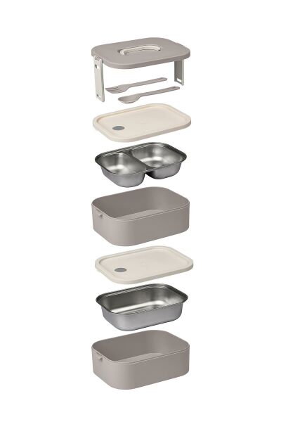 Okyanus Home Paslanmaz Çelik Hazneli Lunch Box 2 Katlı Kendinden Çatal Kaşıklı Beslenme Kutusu Vizon