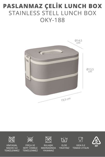 Okyanus Home Paslanmaz Çelik Hazneli Lunch Box 2 Katlı Kendinden Çatal Kaşıklı Beslenme Kutusu Vizon