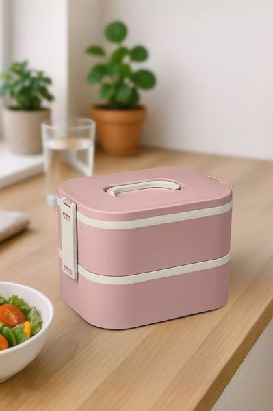 Okyanus Home Paslanmaz Çelik Hazneli Lunch Box 2 Katlı Kendinden Çatal Kaşıklı Beslenme Kutusu Pembe