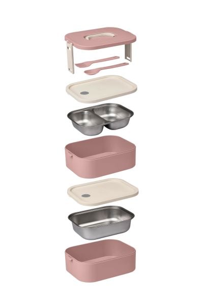 Okyanus Home Paslanmaz Çelik Hazneli Lunch Box 2 Katlı Kendinden Çatal Kaşıklı Beslenme Kutusu Pembe