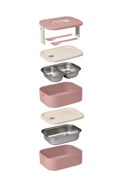 Okyanus Home Paslanmaz Çelik Hazneli Lunch Box 2 Katlı Kendinden Çatal Kaşıklı Beslenme Kutusu Pembe