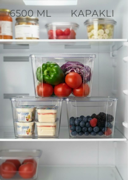 Okyanus Home 3'lü Kapaklı Şeffaf Buzdolabı Organizeri ve Saklama Kabı 6500ML