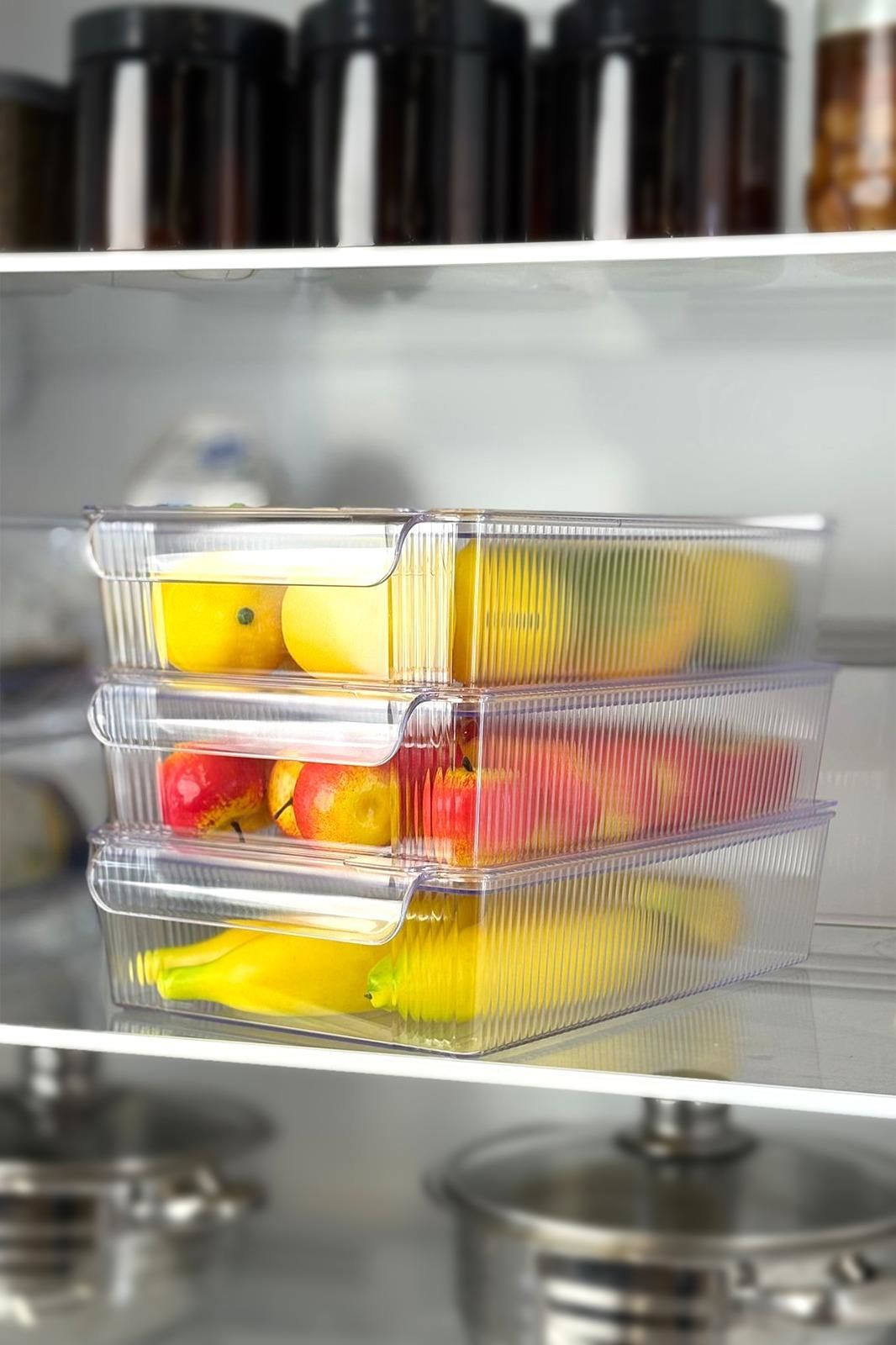 Okyanus Home 3'lü Kapaklı Şeffaf Buzdolabı Organizeri ve Saklama Kabı 3500ML