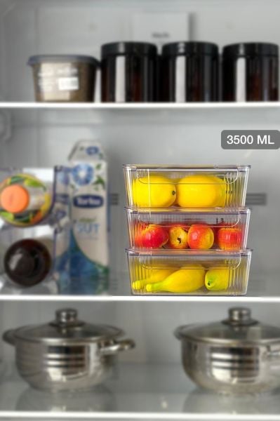 Okyanus Home 3'lü Kapaklı Şeffaf Buzdolabı Organizeri ve Saklama Kabı 3500ML
