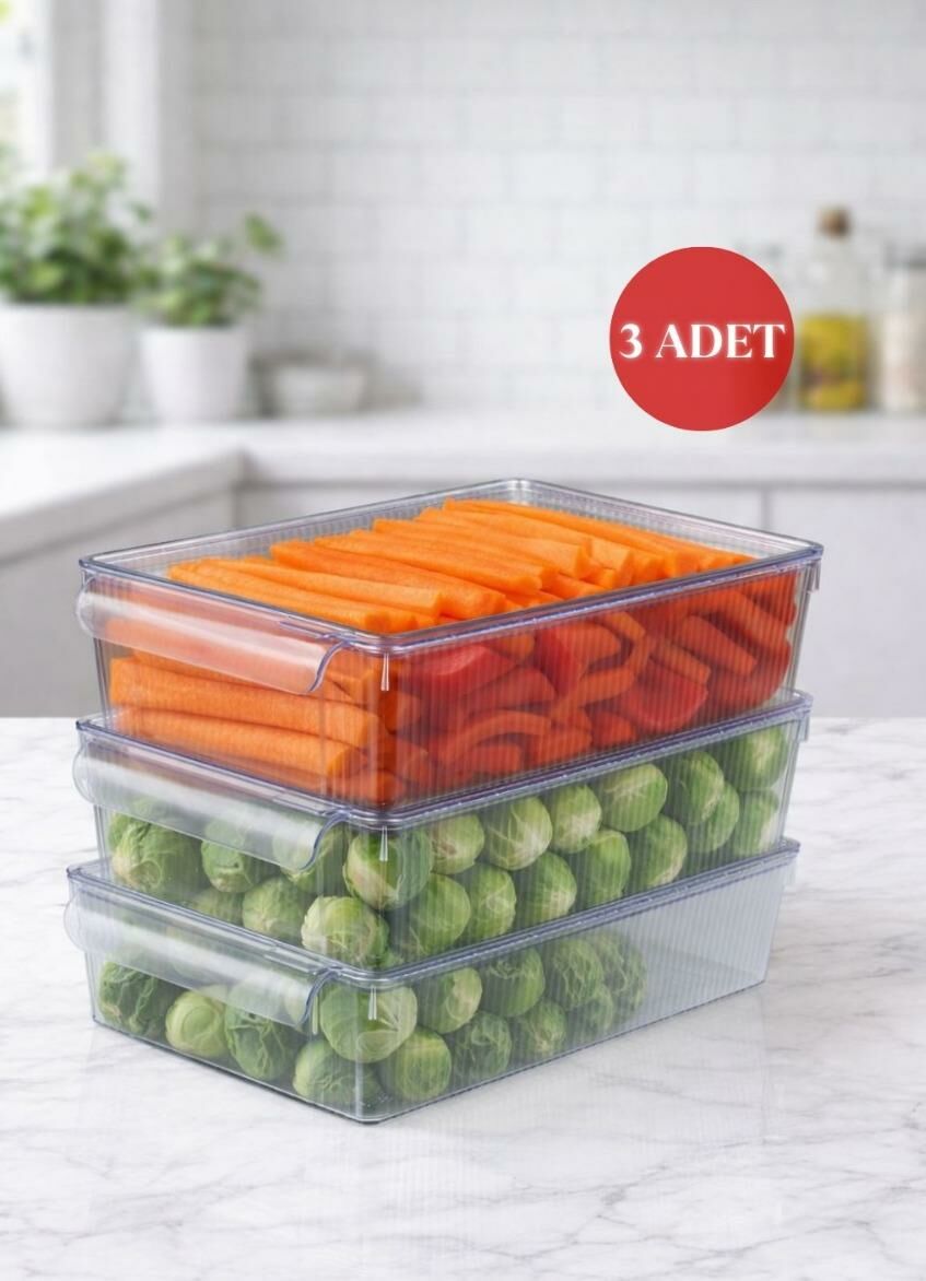 Okyanus Home 3'lü Kapaklı Şeffaf Buzdolabı Organizeri ve Saklama Kabı 3500ML